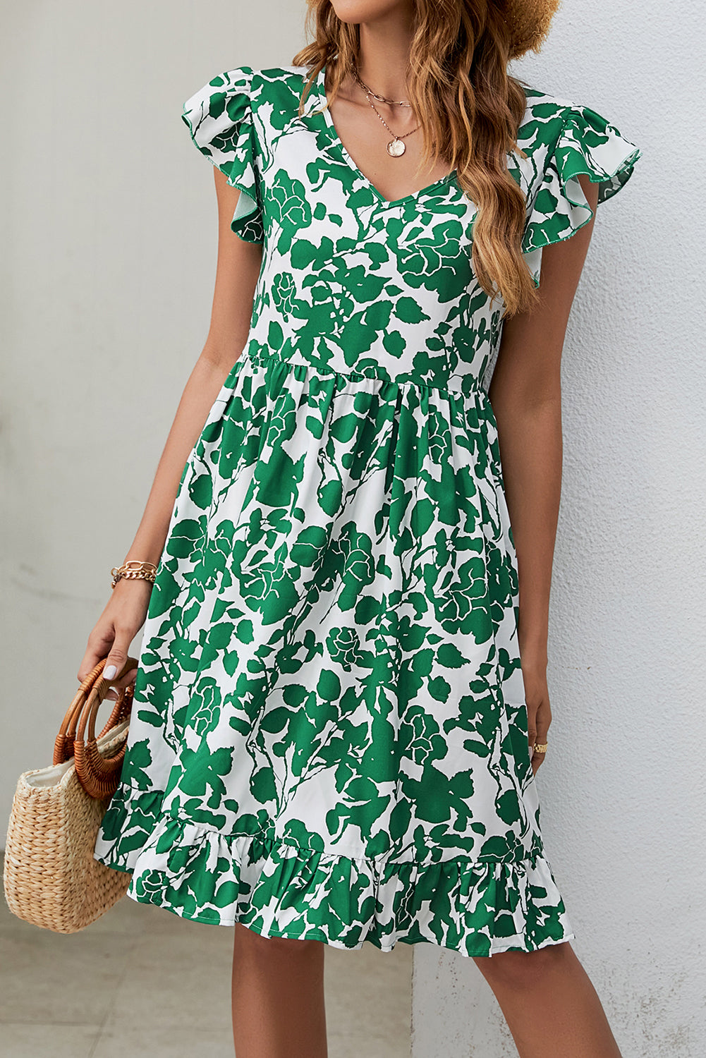 Dark Green Leaf Print V-Neck Flutter Sleeve Dress