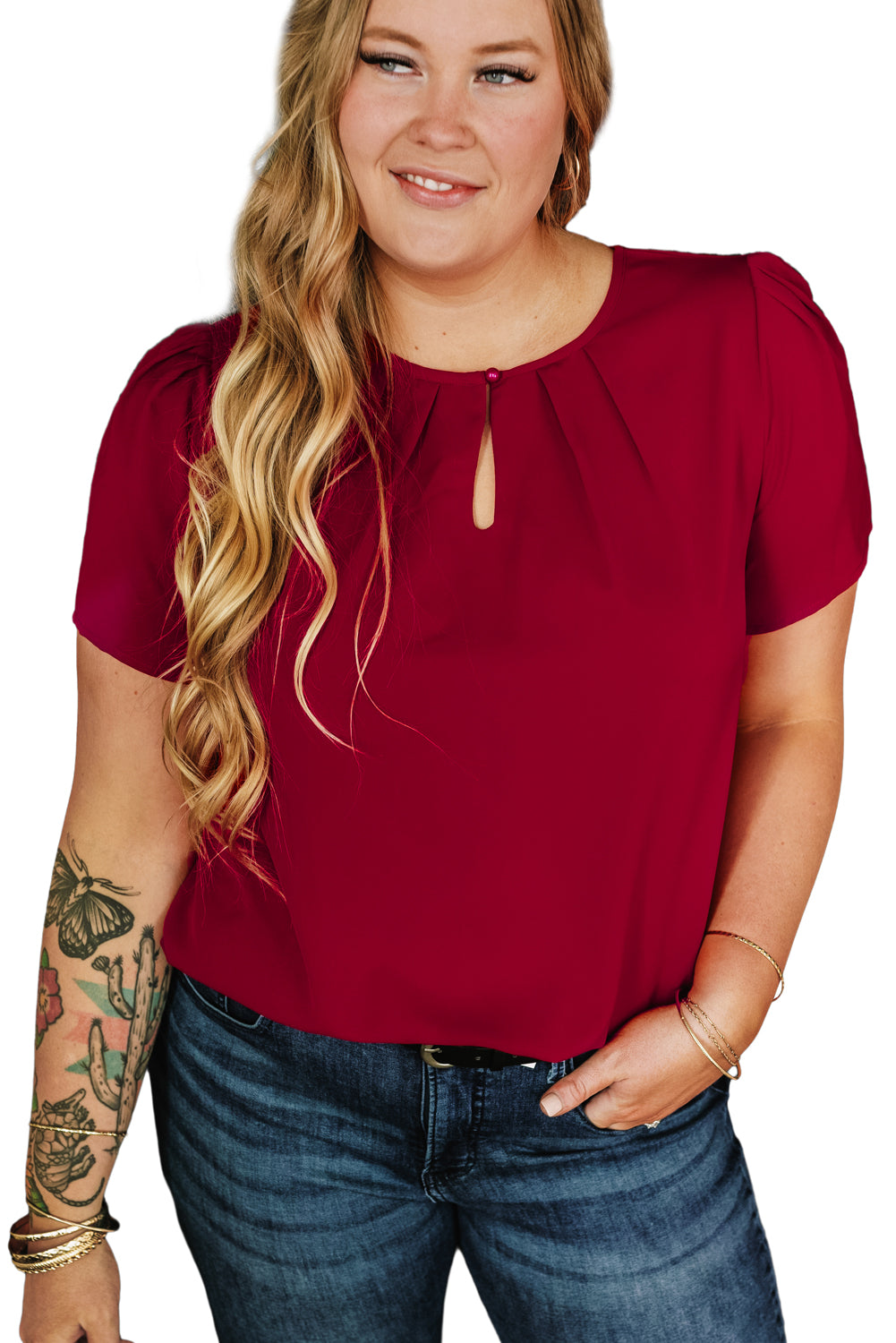 Red Keyhole Pleated Crew Neck Plus Size Short Sleeve Blouse