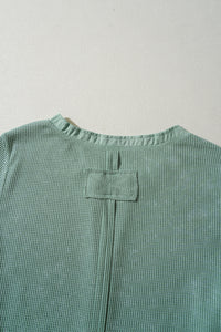 Smoke Green Distressed Waffle Knit Long Sleeve Henley