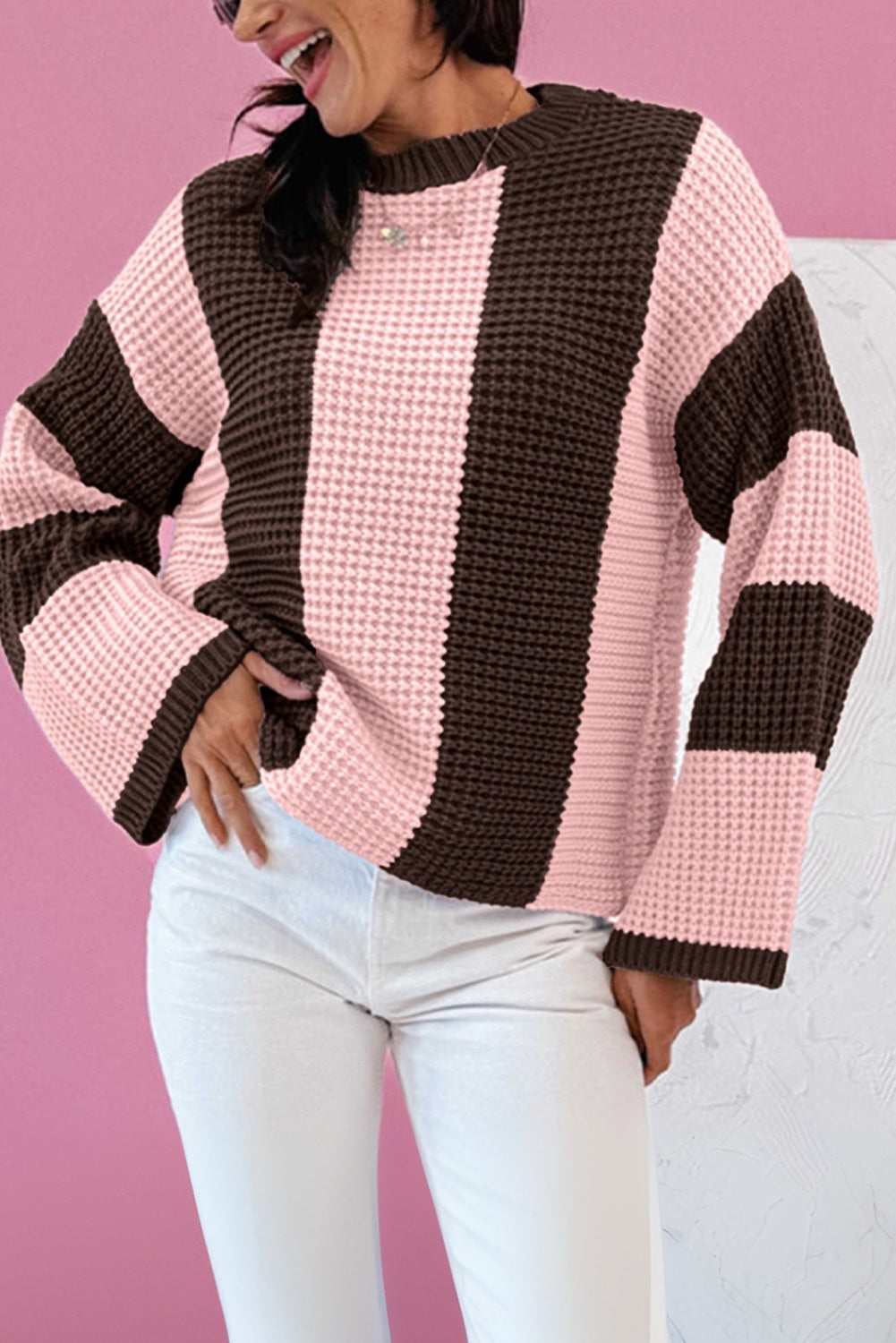 Vertical Stripe Texture Knit Drop Shoulder Sweater