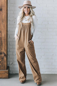 Forest Green Khaki or Black Solid Pocketed Loose Fit Corduroy Overalls