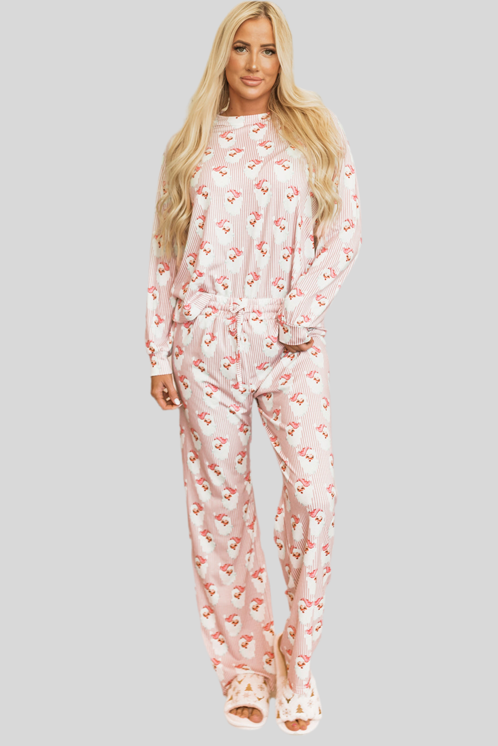 Pink Santa Claus Print Long-sleeve Top & Pants  Lounge Set