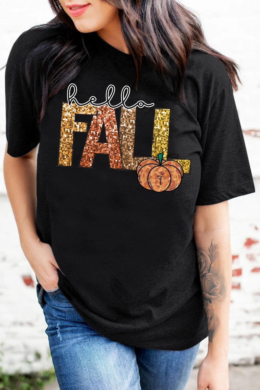 Sequined Hello Fall Pumpkin Black Graphic Tee