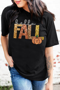 Sequined Hello Fall Pumpkin Black Graphic Tee