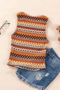 Orange Striped & Geo Jacquard Vintage Style Fitted Knit Tank Top