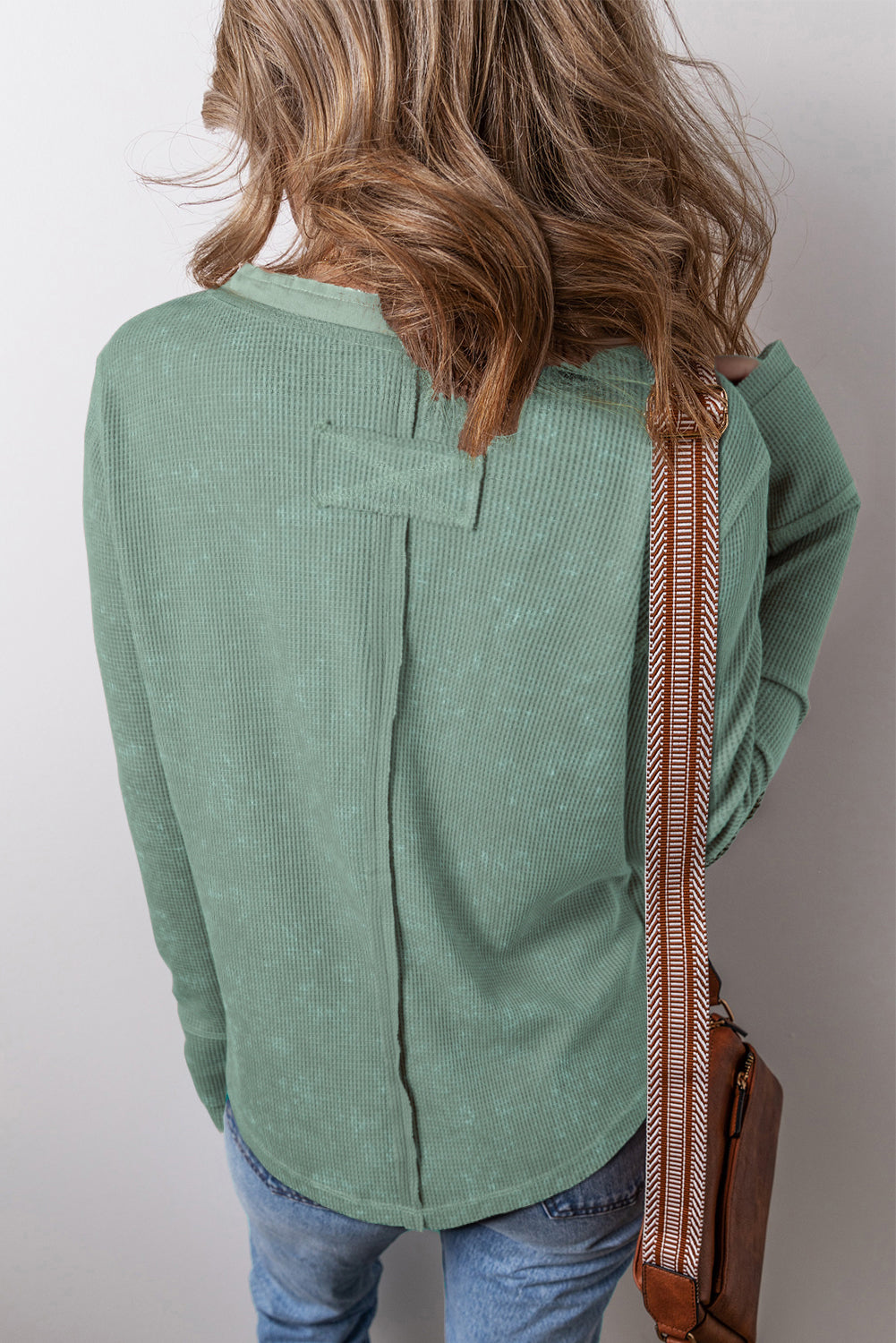 Smoke Green Distressed Waffle Knit Long Sleeve Henley