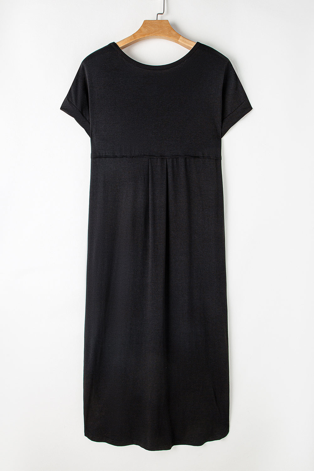 Black V-neck Side Split Maxi T-shirt Dress with Pockets