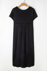 Black V-neck Side Split Maxi T-shirt Dress with Pockets