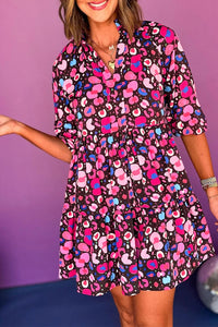 Pink Abstract Print V-Neck Collared Half Sleeve Cotton Shift Dress