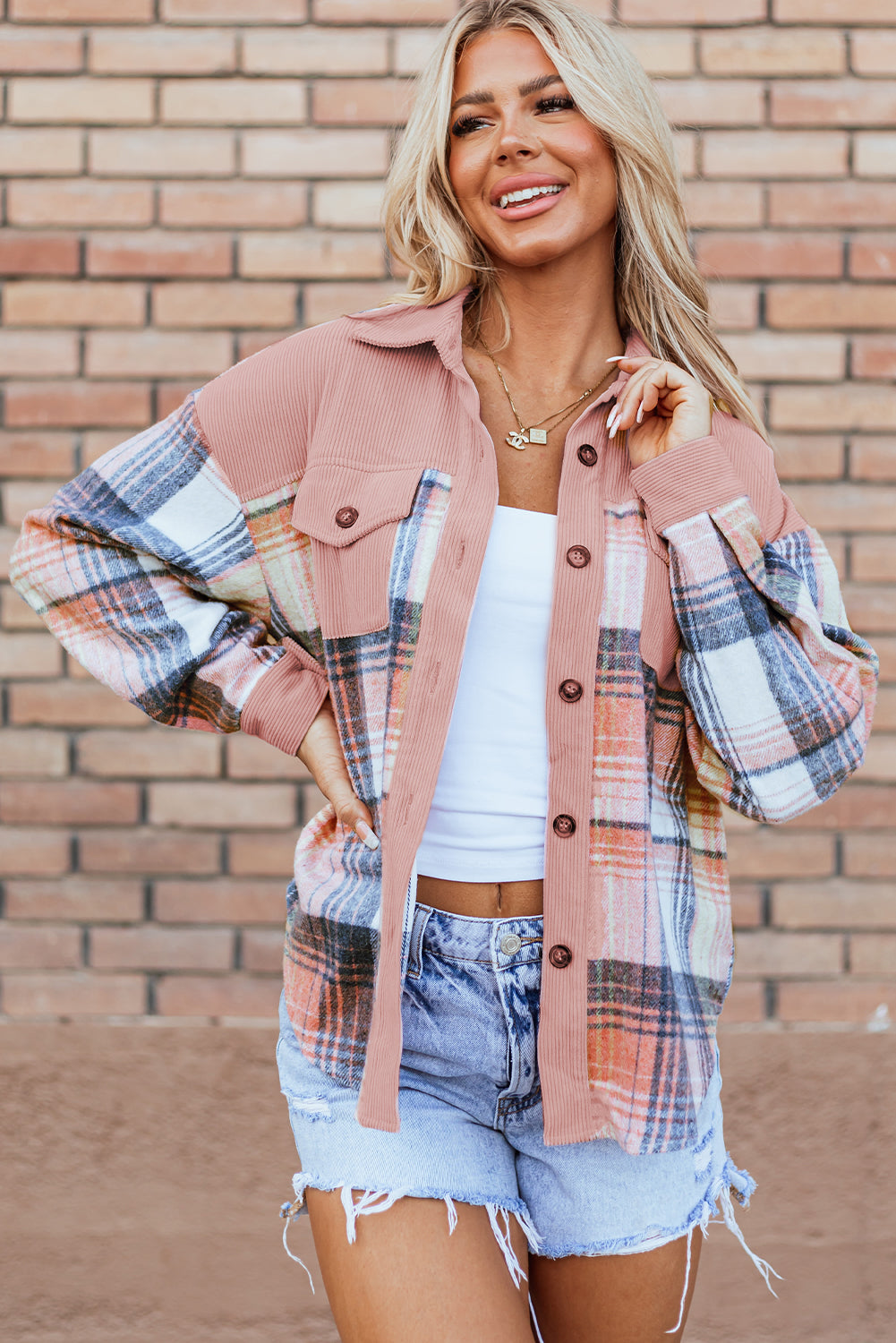 Light Pink & Blue Plaid Corduroy Color-block Chest Pockets Heavyweight Button-down Shirt