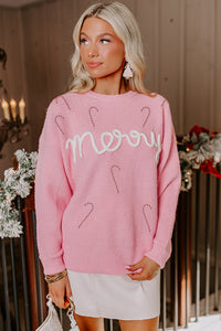 Pink Merry Candy Cane Crew Neck Knit Sweater