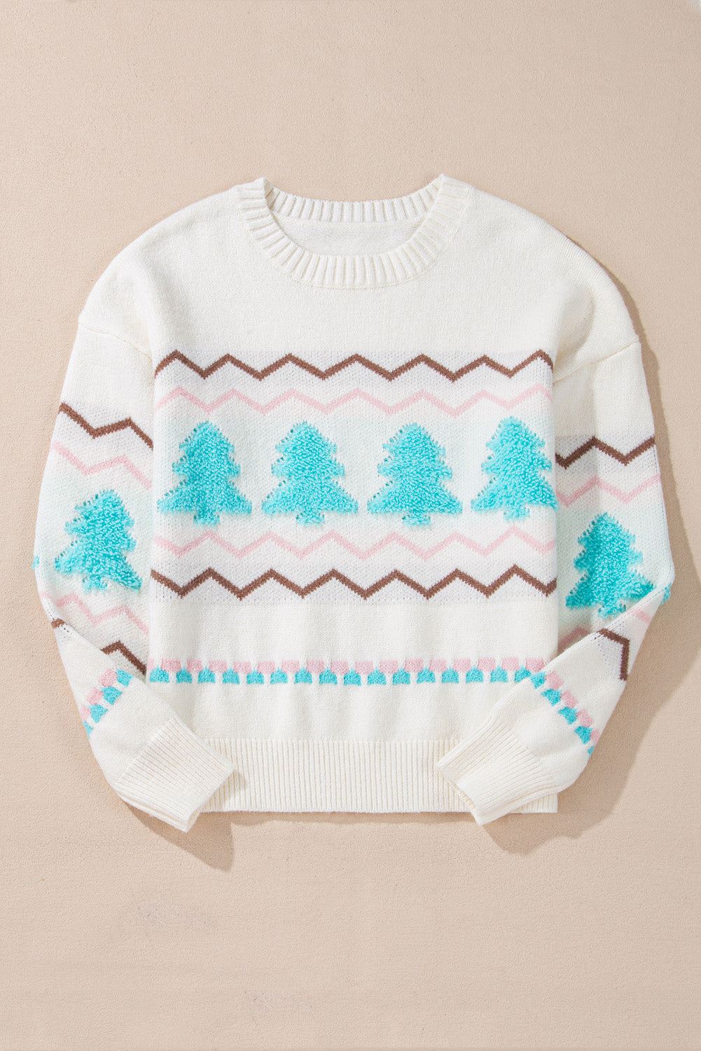 Pink & Tan Chevron Stripes with Turquoise Trees Design Knit Sweater