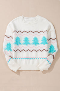 Pink & Tan Chevron Stripes with Turquoise Trees Design Knit Sweater