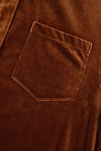 Chestnut Brown Button Down Chest Pocket Velour Loose Shirt