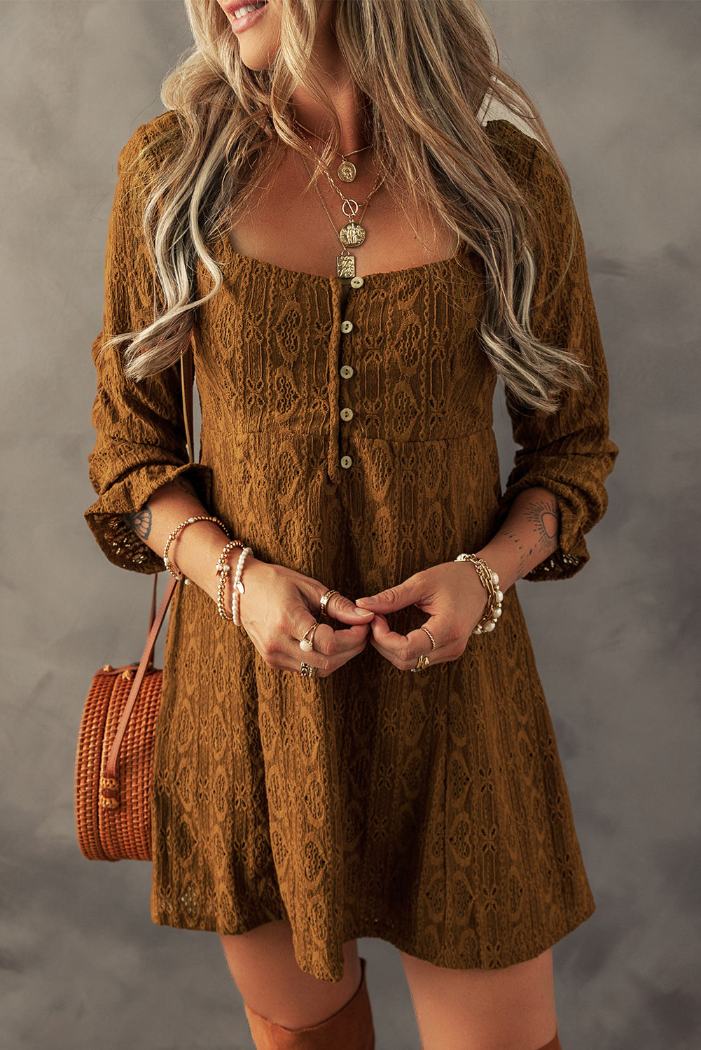 Chestnut Brown Buttoned Lace Square Neck Shift Mini Dress