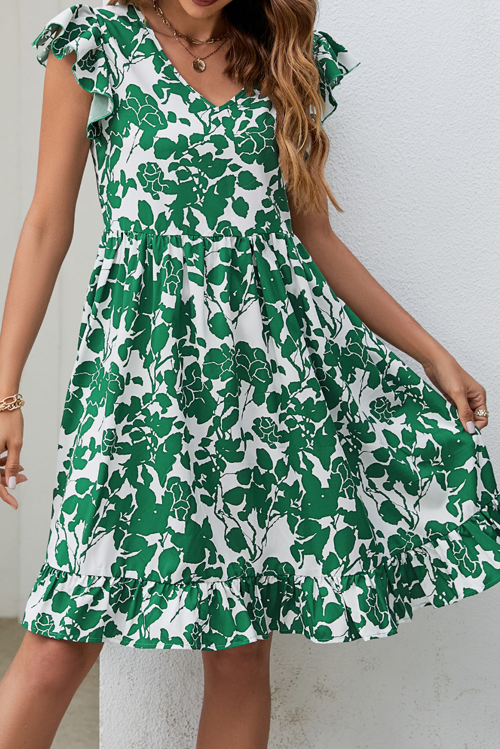 Dark Green Leaf Print V-Neck Flutter Sleeve Dress