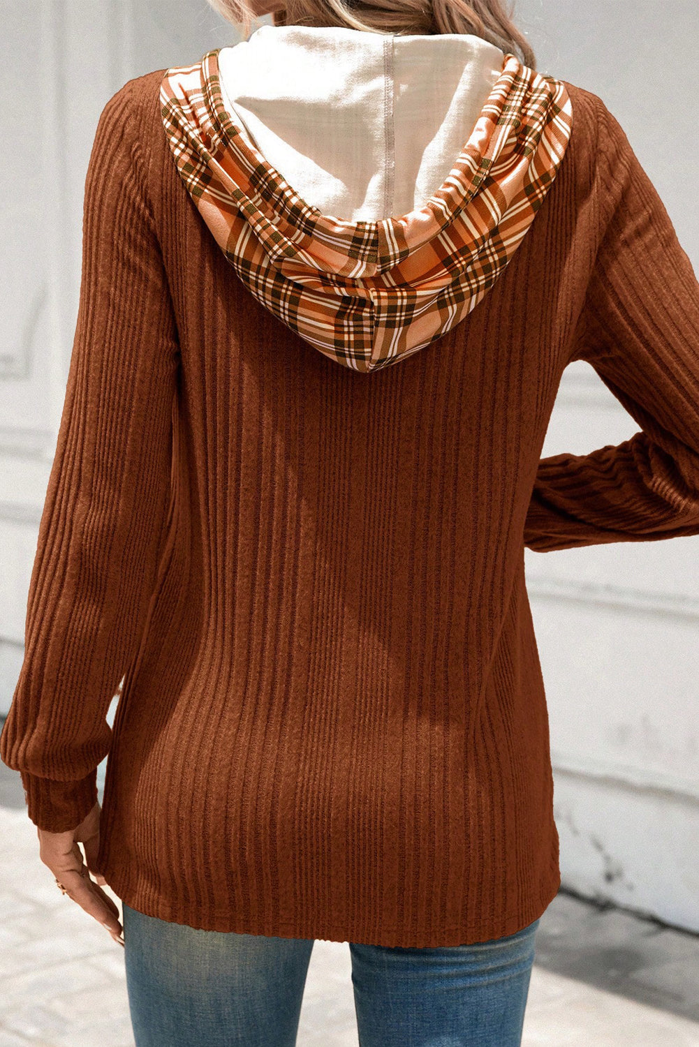 Rust Brown Plaid Patchwork Hooded Textured Knit Shirt