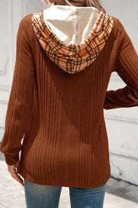 Rust Brown Plaid Patchwork Hooded Textured Knit Shirt
