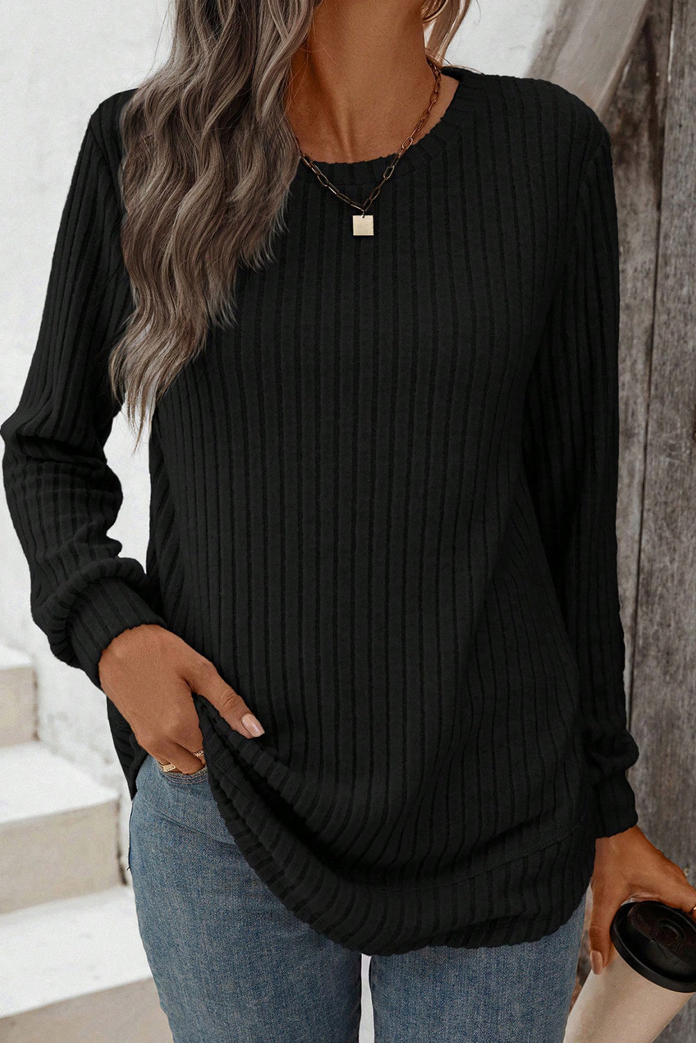 Black Ribbed Crew Neck Long Sleeve Rounded Hem Knit Top