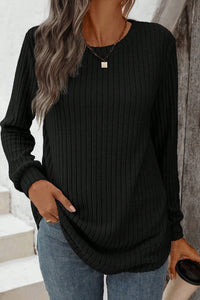 Black Ribbed Crew Neck Long Sleeve Rounded Hem Knit Top