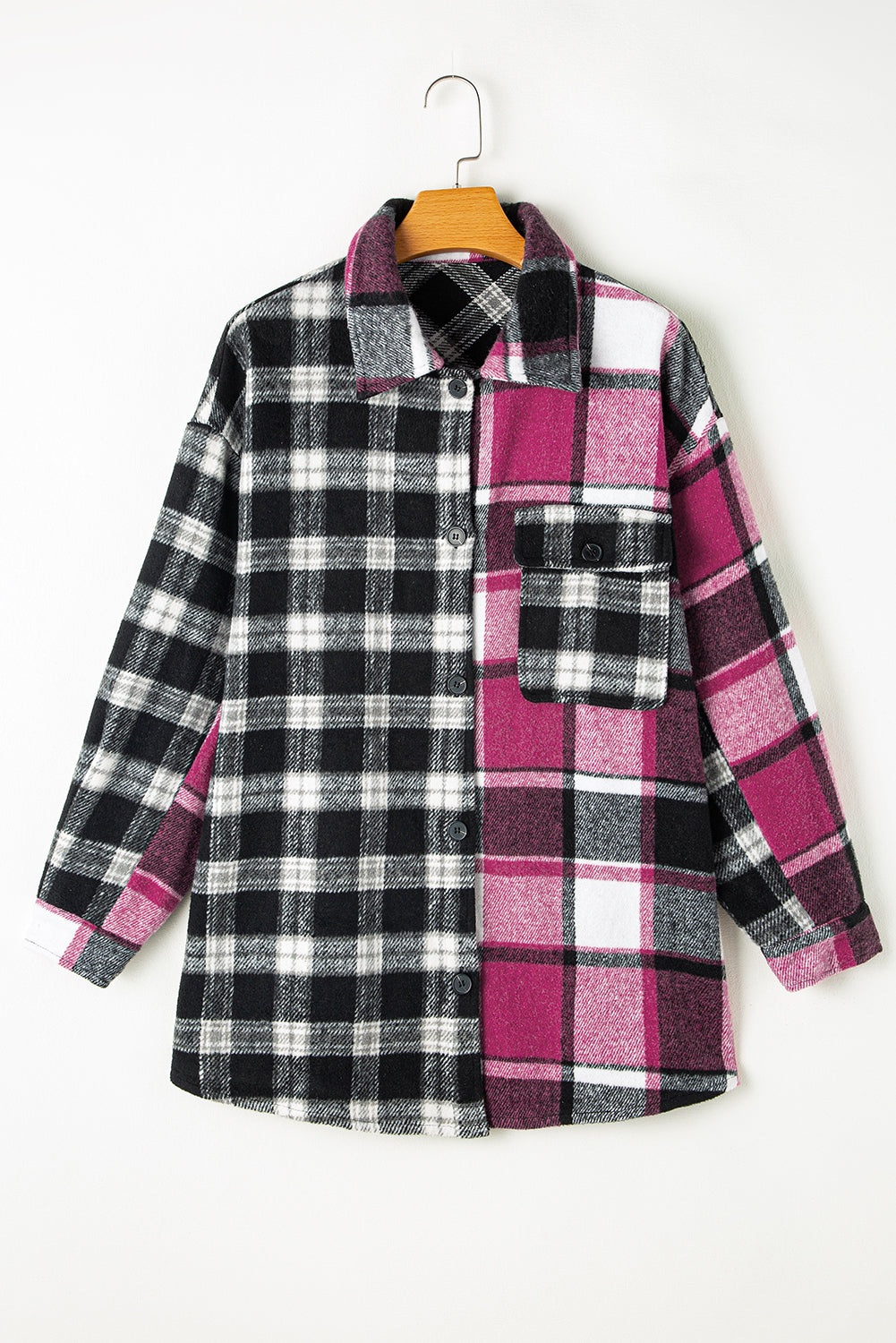 Black & Fuchsia Plaid Colorblock Shacket