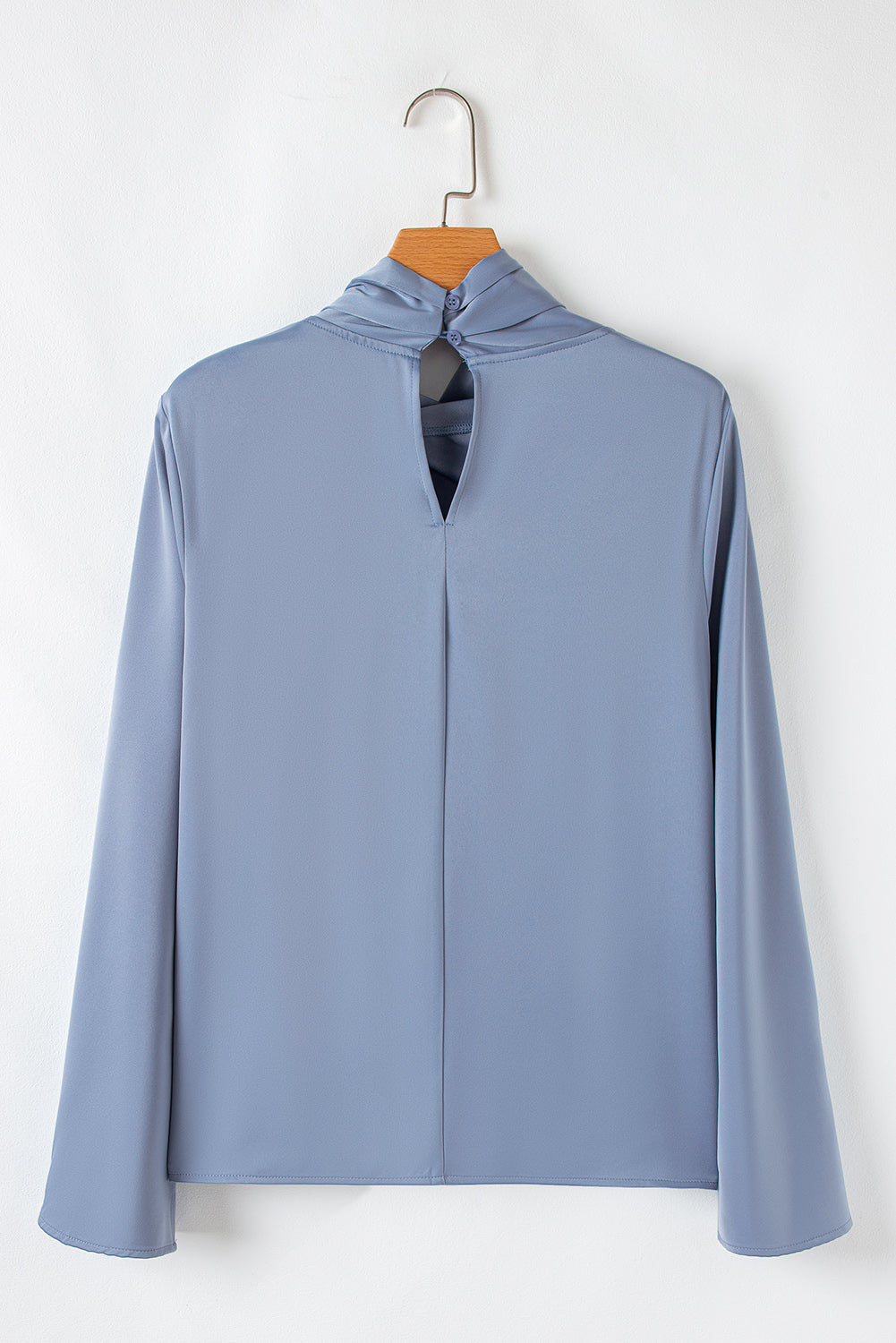 Dusty Blue Faux Wrap Mock Neck Bell Sleeve Blouse