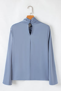 Dusty Blue Faux Wrap Mock Neck Bell Sleeve Blouse