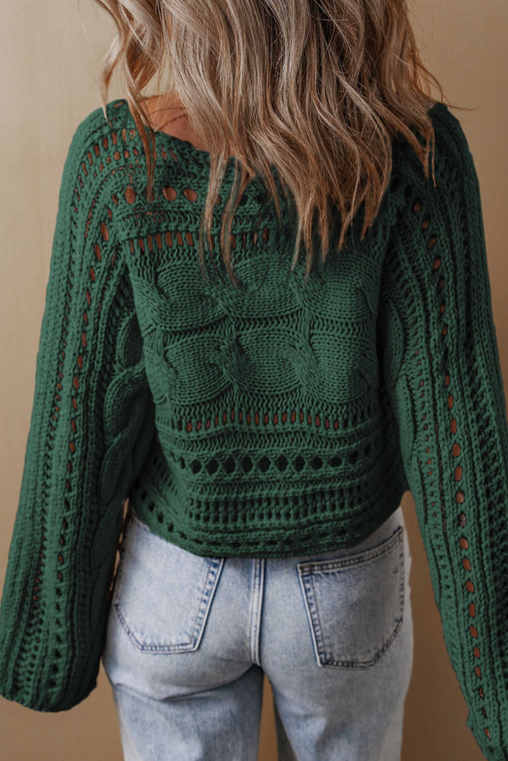 Pine Green Open Stitch Cable Knit Cropped Sweater