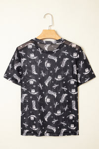 Black Western Pattern Mesh Sheer Crew Neck Tee