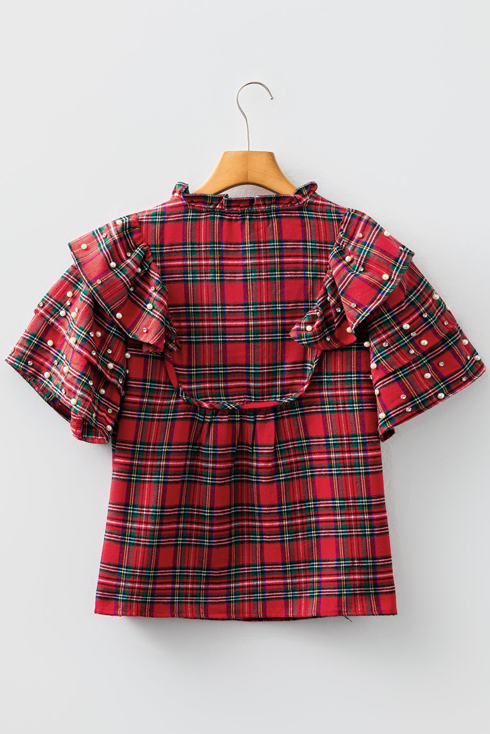 Red Plaid Pearl Rhinestone Ruffled Short Sleeve V-Neck Tie Blouse