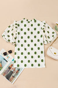 Avocado Polka Dot Print Textured Balloon Sleeve Blouse