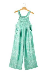 Aqua Green Large Floral Printed Wide Leg Button Overall Jumpsuit