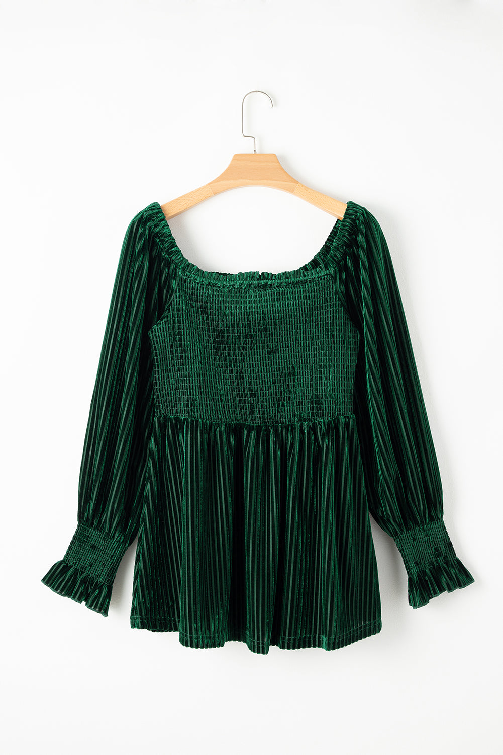 Velour Square Neck Smocked Long-sleeve Babydoll Top