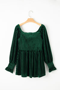 Velour Square Neck Smocked Long-sleeve Babydoll Top