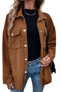 Rustic Brown Textured Flap Chest Pockets Snap Up Oversized Shirt