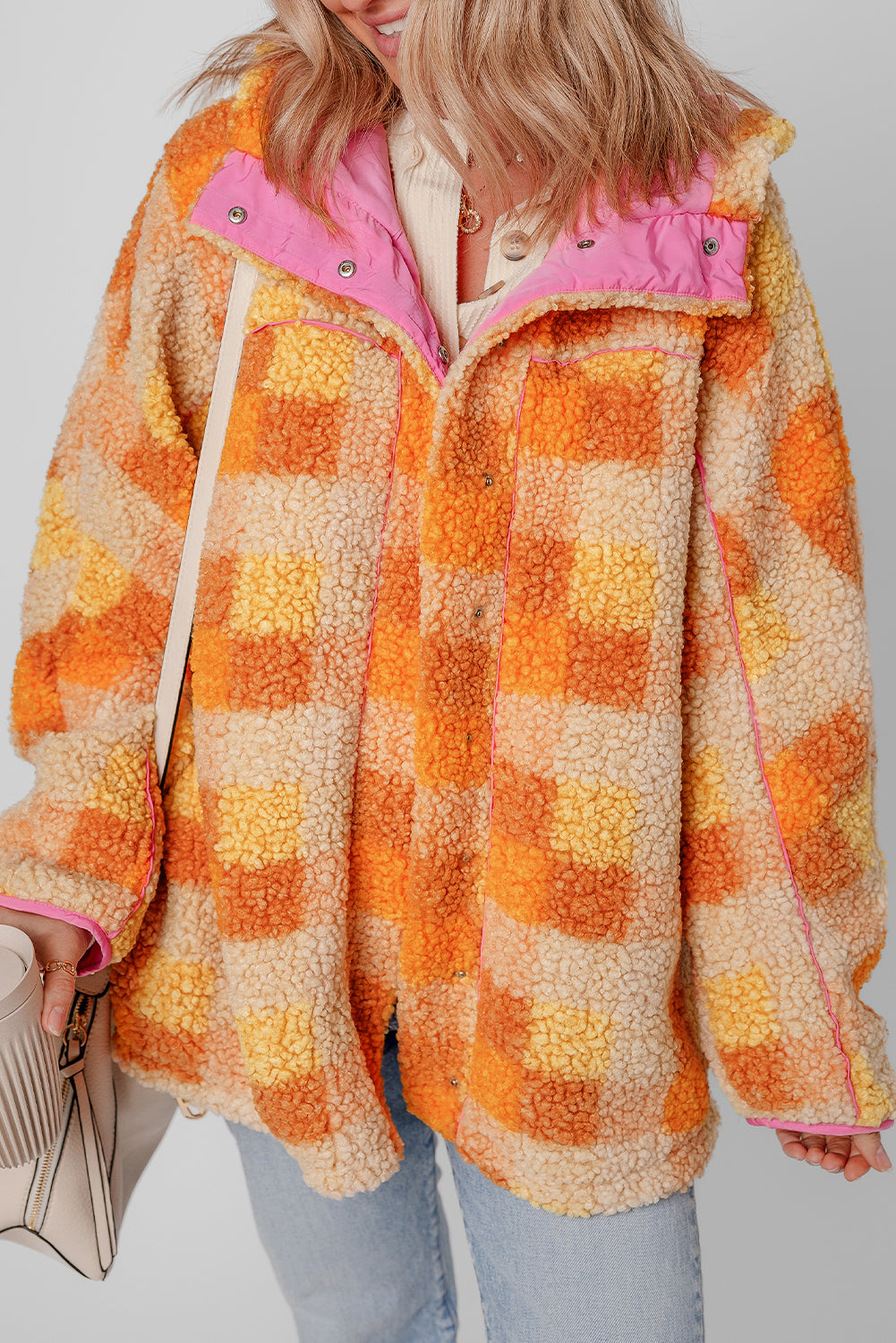 Orange & Yellow Checkered Sherpa Snap Up Pink Lined Hooded Jacket