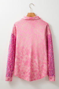 Pink Mineral Wash Sequin Color Block Chest Pocket Waffle Knit Shacket