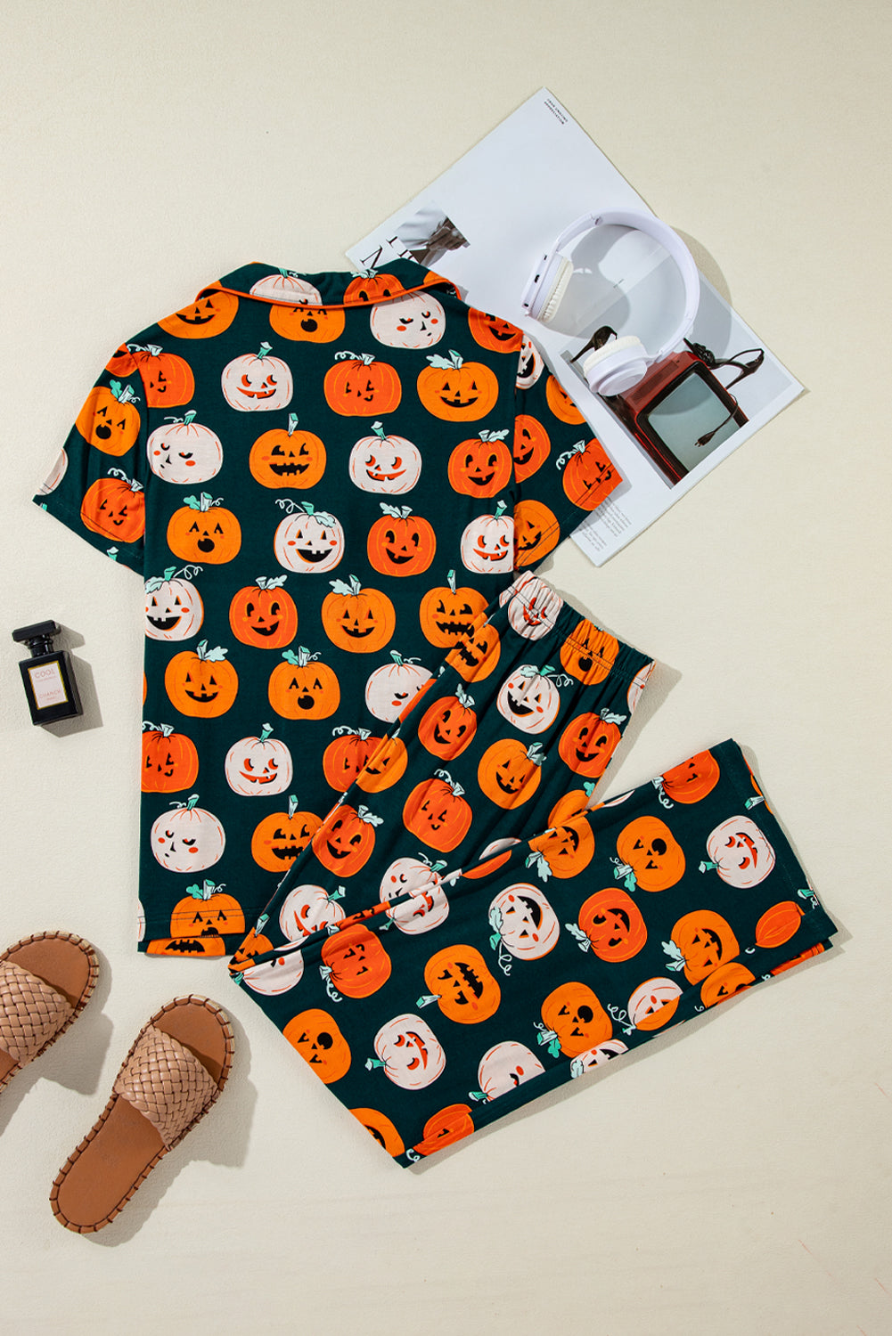 Black with Orange Pumpkins Print Short Sleeve Shirt & Pants Pajama Set