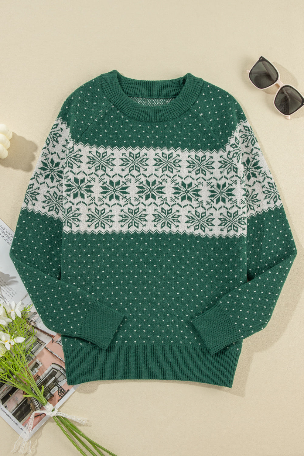 Green Snowflake Dotted Crew Neck Knit Sweater