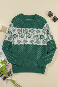 Green Snowflake Dotted Crew Neck Knit Sweater