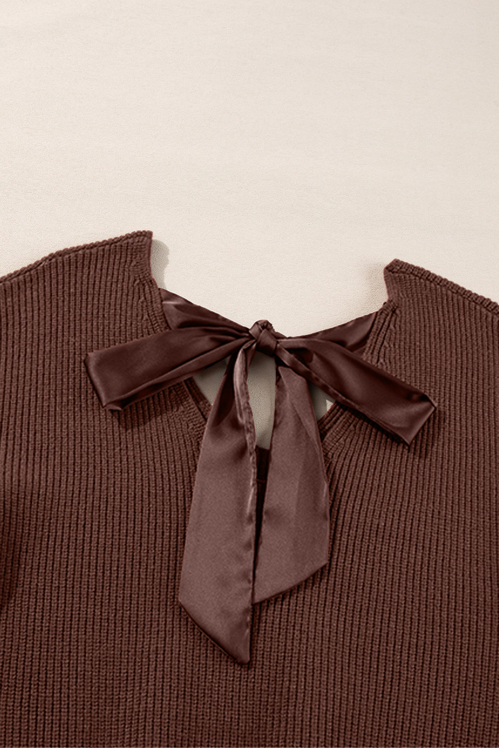 Coffee Lantern Sleeve V-Neck Open Tie Back Sweater