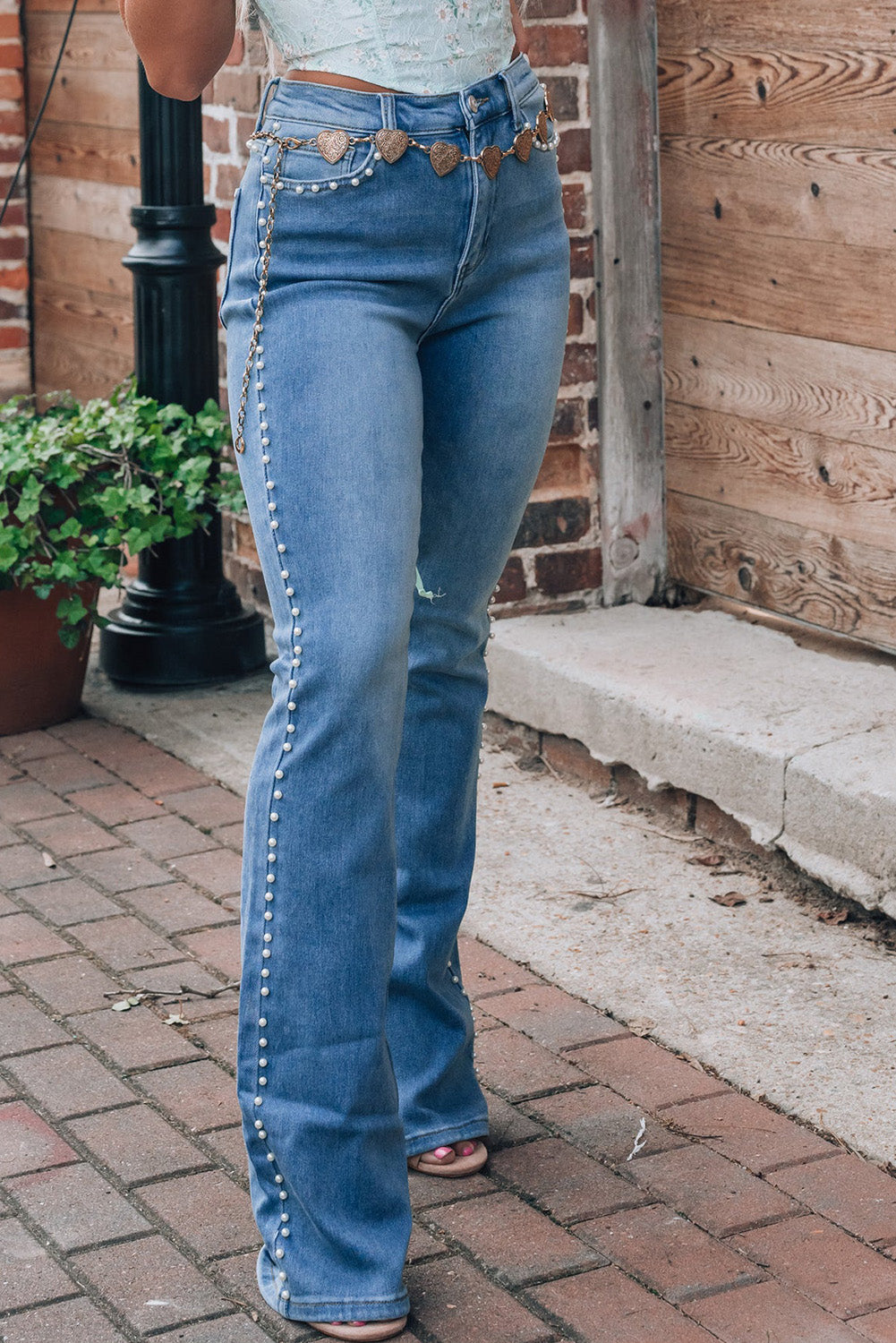 Pearl Accented Boot Cut Stretch Denim Jeans