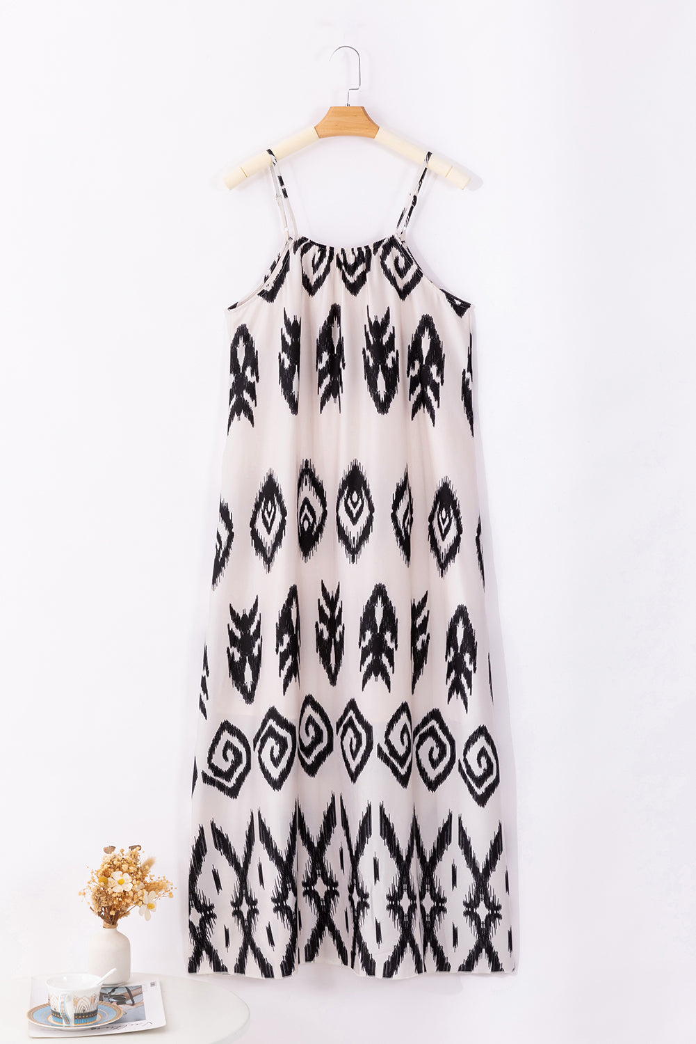 White and Black Western  Aztec Printed Strappy Maxi Sundress