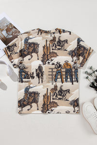 Tan Western Cowboy Print Cuffed Sleeve Crewneck T-Shirt