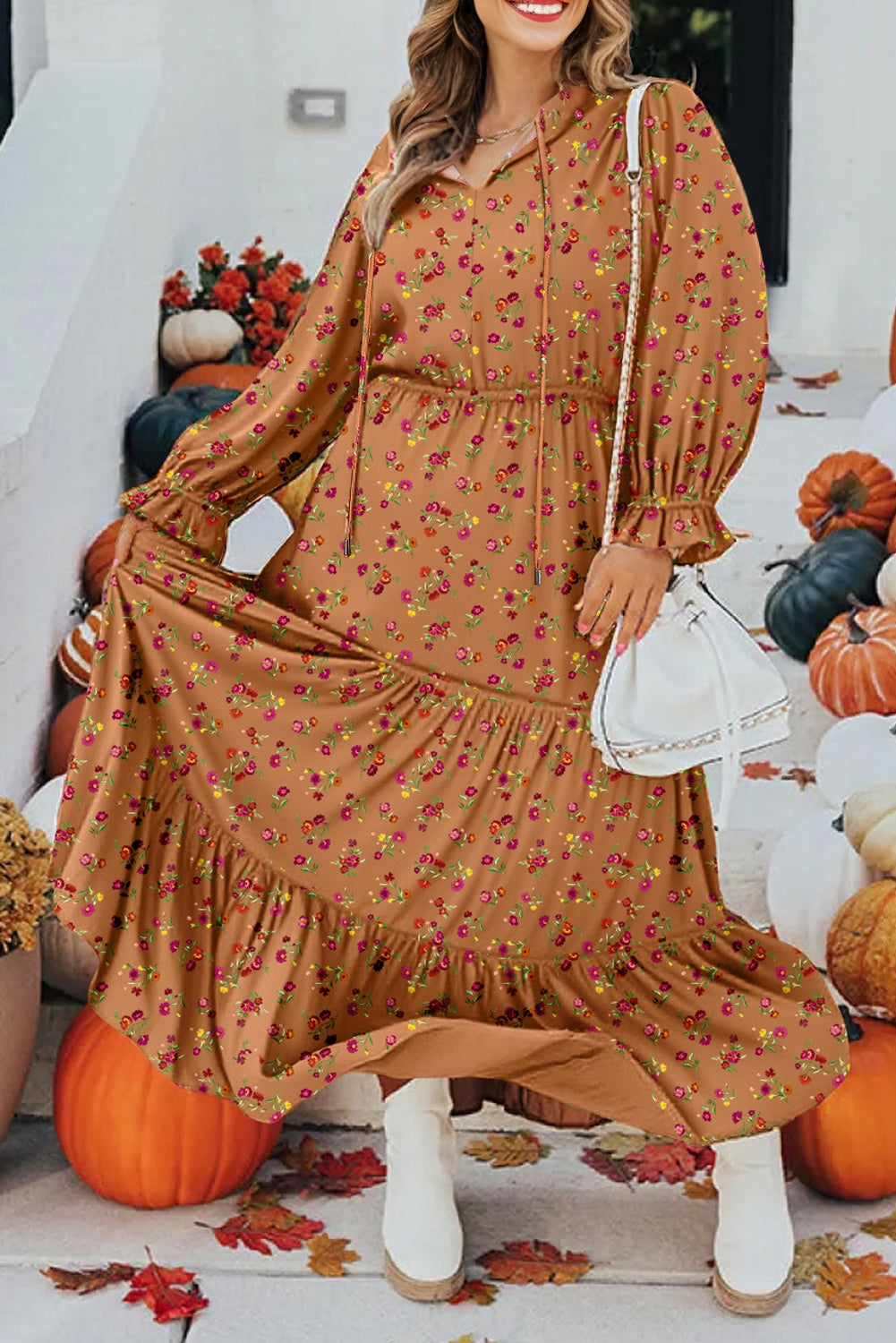Brown Plus Size Fall Floral V-Neck Ruffled Sleeve Tiered Maxi Dress