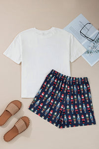 White Mama Claus Plaid Letter Tee and Nutcracker Shorts 2-pc Lounge Set