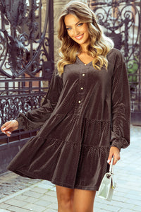 Dark Brown Textured Velour V-Neck Shift Dress with Pearl Button Accents