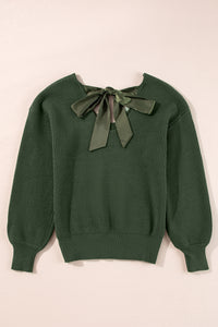 Pine Green Lantern Sleeve V-Neck Tied Open Back Knit Sweater