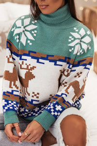 Teal Christmas Reindeer Snowflake Turtleneck Sweater