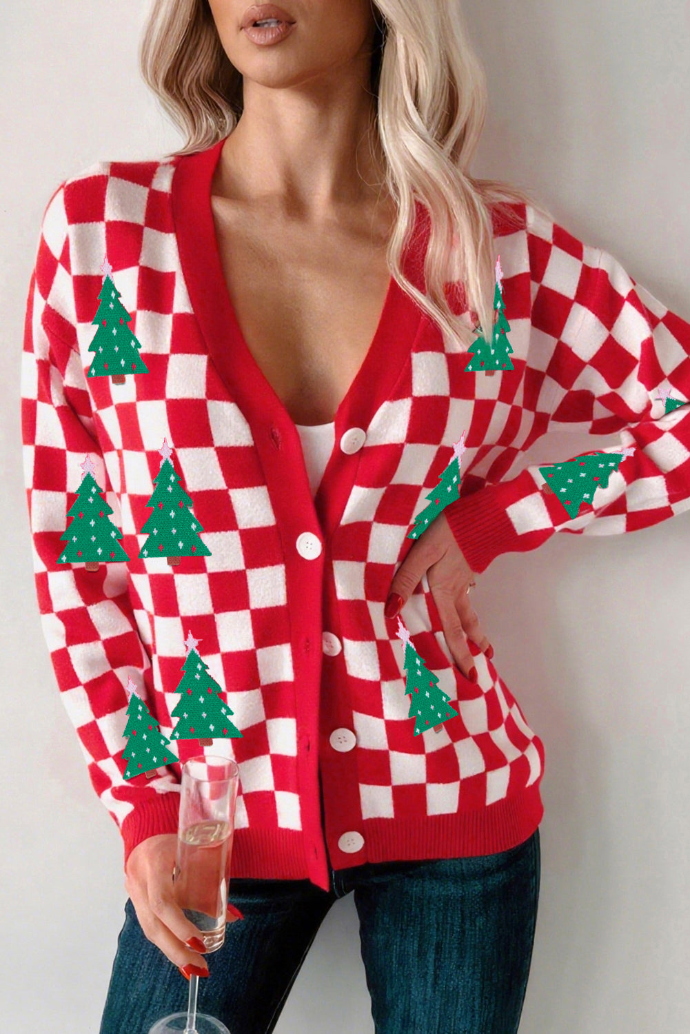 Checkered Christmas Tree Pattern Buttoned V-Neck Cardigan Sweater